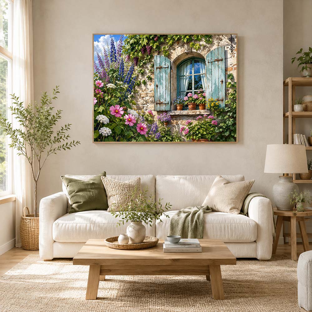 5D Diamond Painting – Landhausfenster voller Blütenzauber