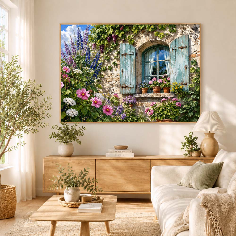 5D Diamond Painting – Landhausfenster voller Blütenzauber