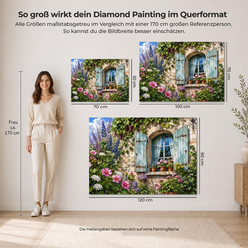 5D Diamond Painting – Landhausfenster voller Blütenzauber, Unique-Diamond