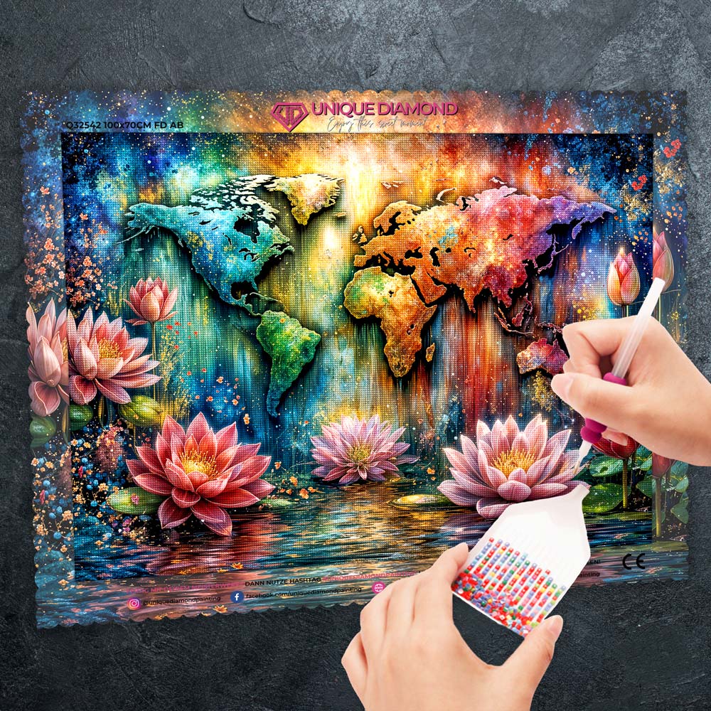 5D Diamond Painting – Leuchtende Weltkarte im Lotuszauber