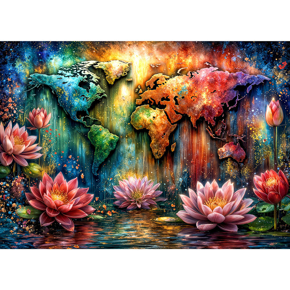 5D Diamond Painting – Leuchtende Weltkarte im Lotuszauber, Unique-Diamond