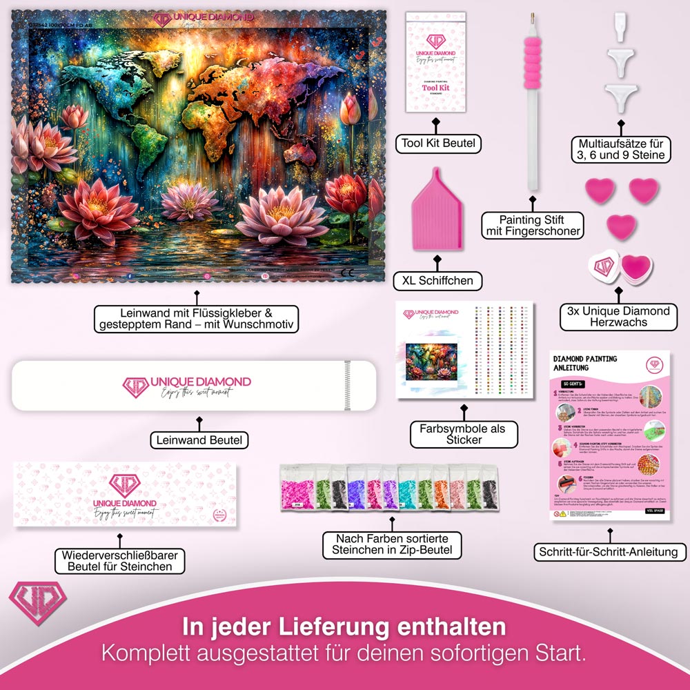 5D Diamond Painting – Leuchtende Weltkarte im Lotuszauber