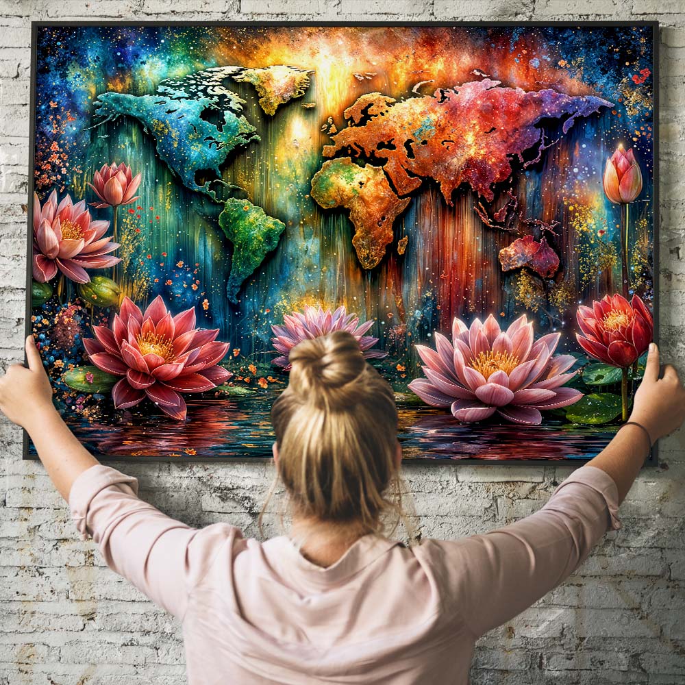 5D Diamond Painting – Leuchtende Weltkarte im Lotuszauber