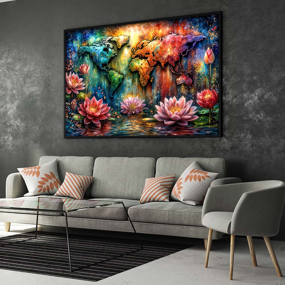 5D Diamond Painting – Leuchtende Weltkarte im Lotuszauber