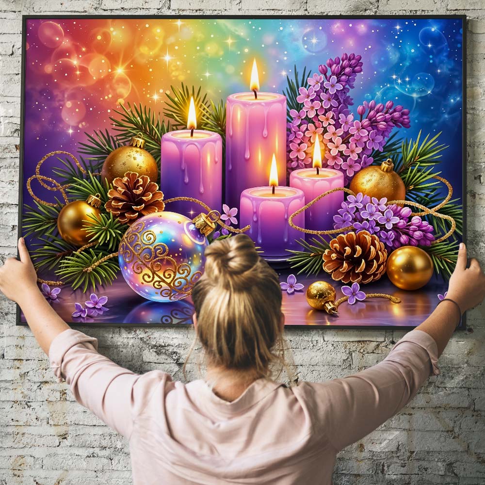 5D Diamond Painting – Lila Adventskerzen im Weihnachtszauber, Unique-Diamond