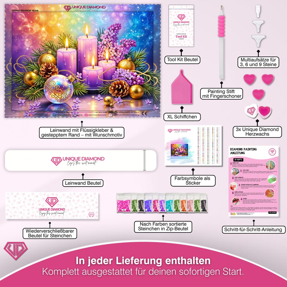 5D Diamond Painting – Lila Adventskerzen im Weihnachtszauber, Unique-Diamond
