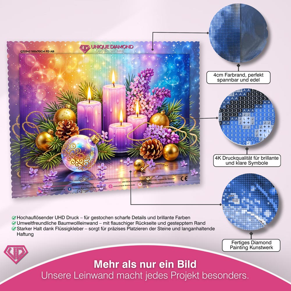 5D Diamond Painting – Lila Adventskerzen im Weihnachtszauber, Unique-Diamond