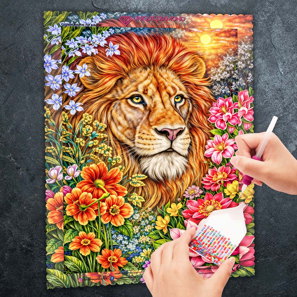 5D Diamond Painting – Löwe Kaelion im Blütenfeuer
