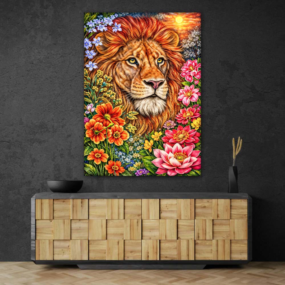 5D Diamond Painting – Löwe Kaelion im Blütenfeuer
