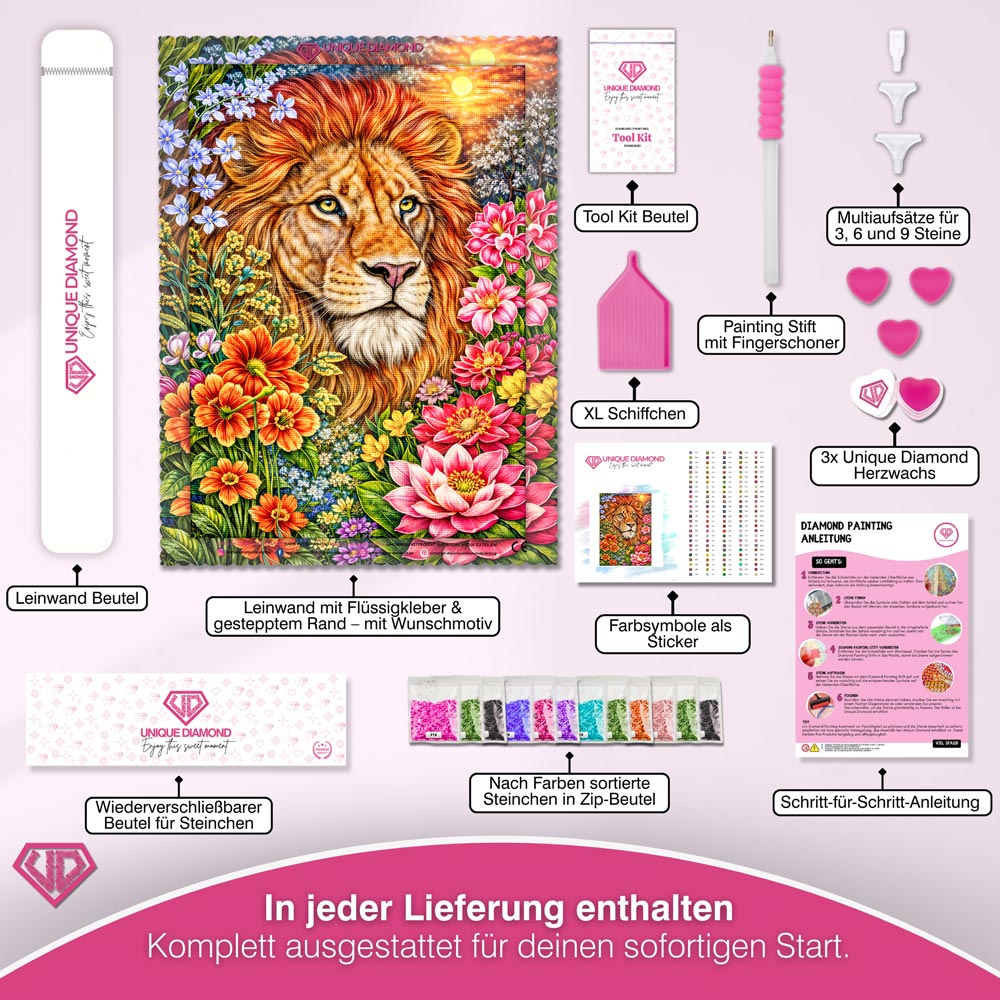 5D Diamond Painting – Löwe Kaelion im Blütenfeuer