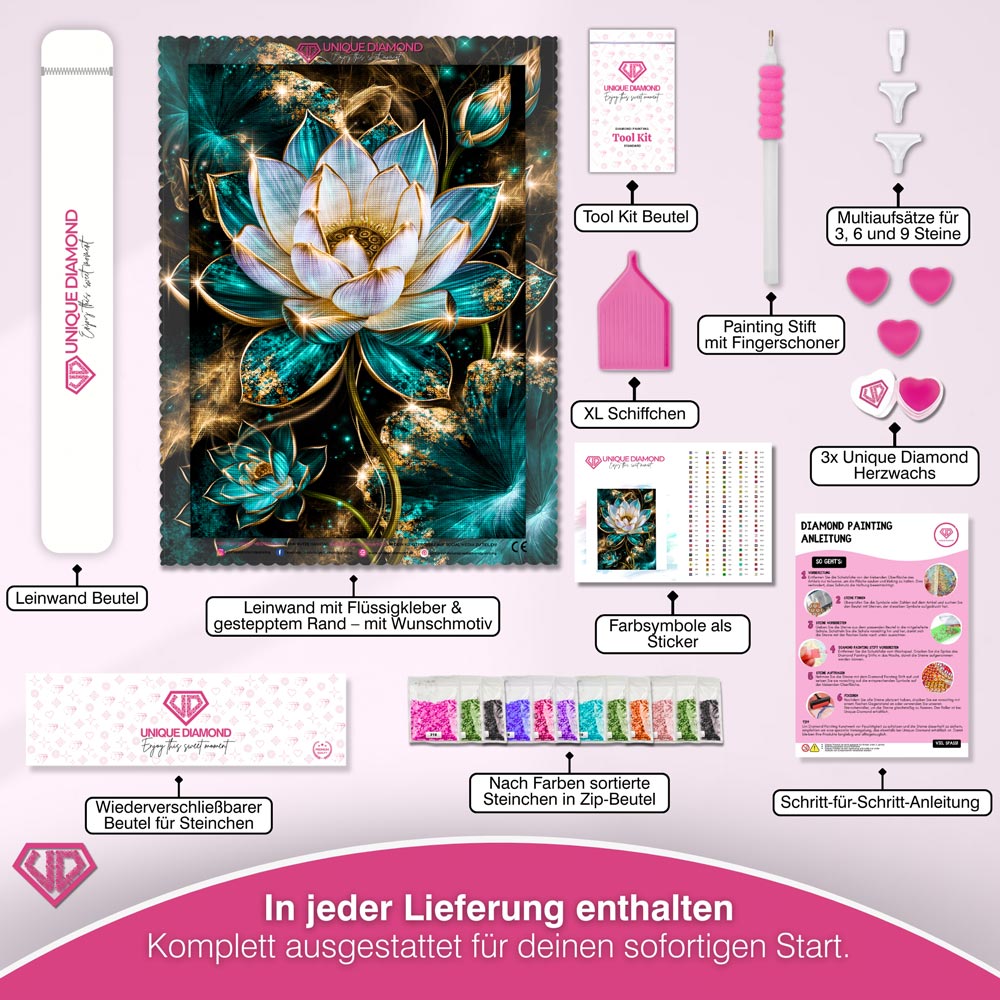 5D Diamond Painting – Lotusglanz in Türkis & Gold