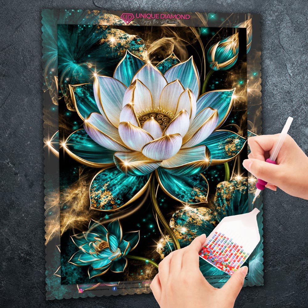 5D Diamond Painting – Lotusglanz in Türkis & Gold