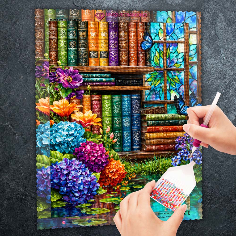 5D Diamond Painting – Magische Bibliothek der Blütenträume