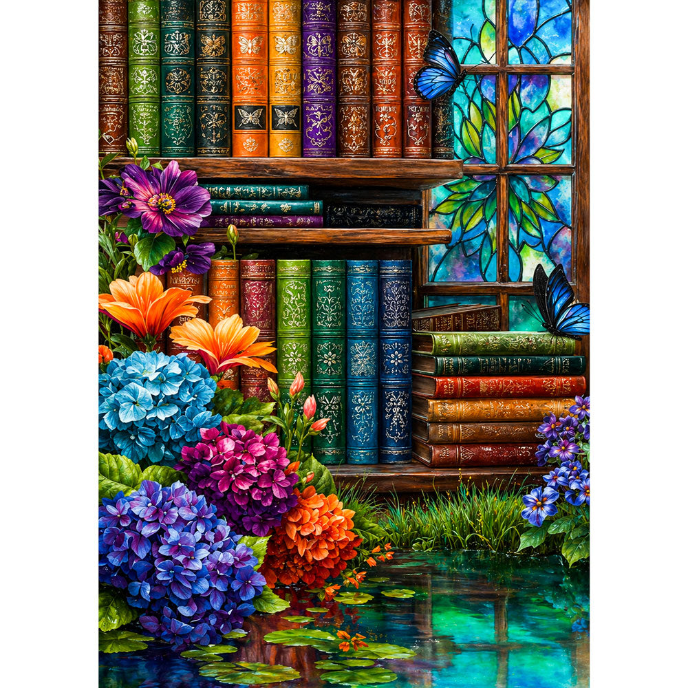 5D Diamond Painting – Magische Bibliothek der Blütenträume | Unique Diamond