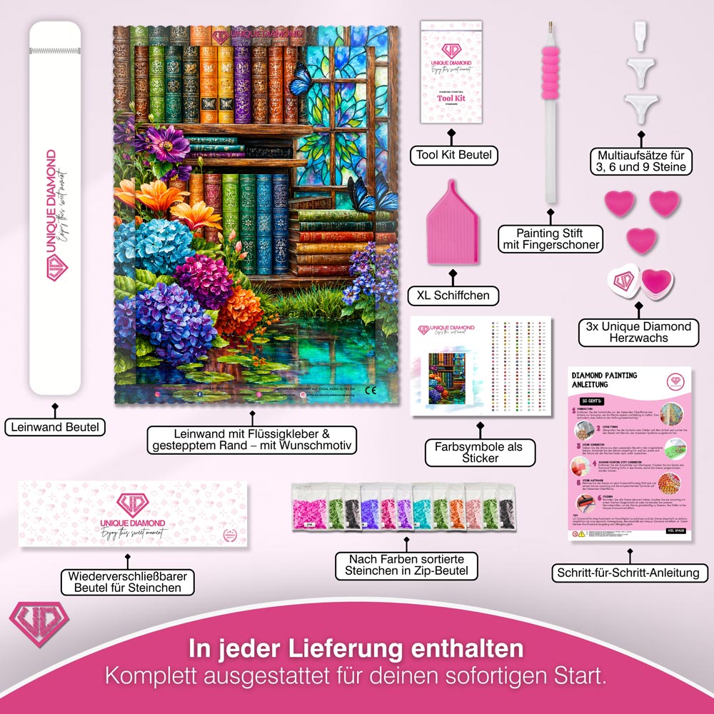 5D Diamond Painting – Magische Bibliothek der Blütenträume