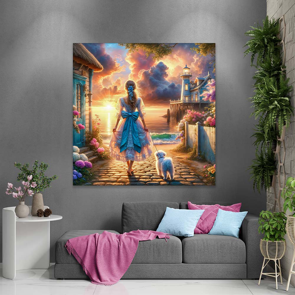 5D Diamond Painting – Marlenes Spaziergang im Abendlicht, Unique-Diamond