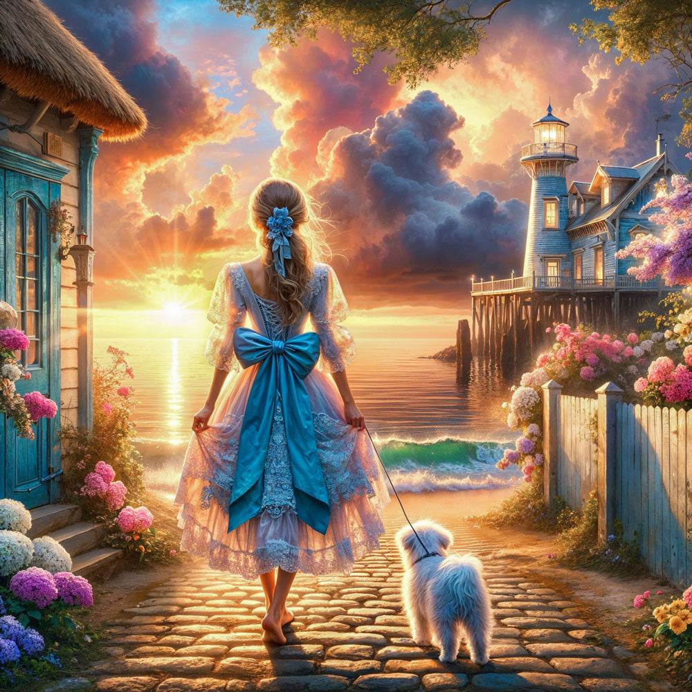 5D Diamond Painting – Marlenes Spaziergang im Abendlicht, Unique-Diamond