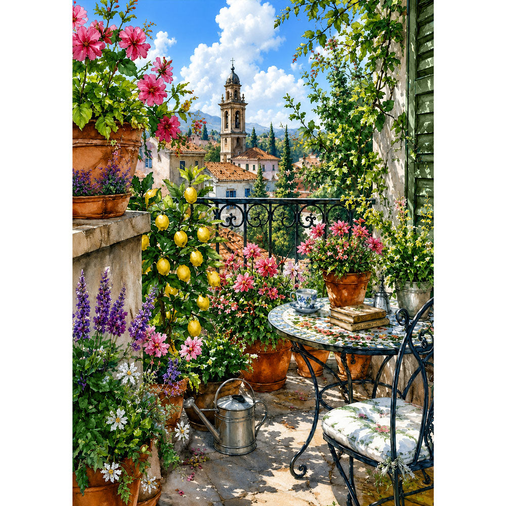 5D Diamond Painting – Mediterrane Blütenterrasse | Unique Diamond