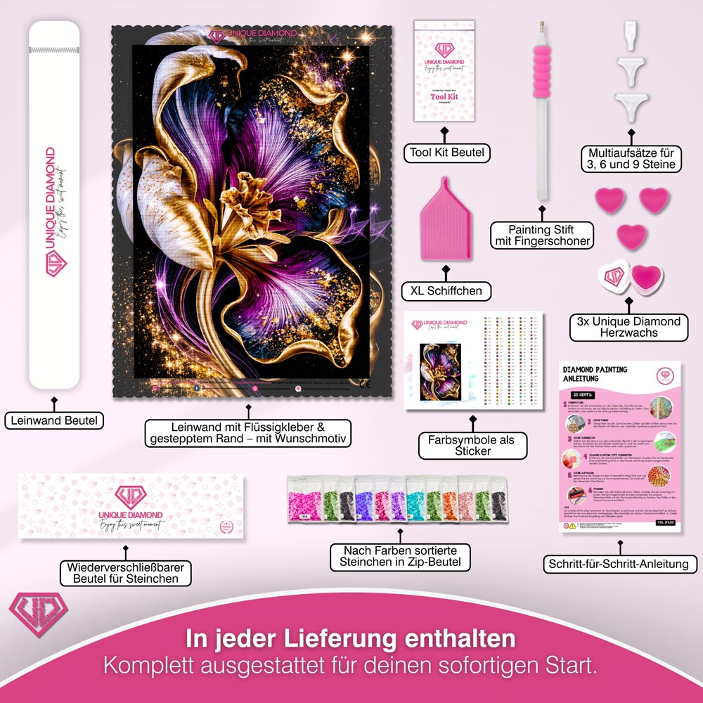 5D Diamond Painting – Mitternachtsblüte in Violett & Gold