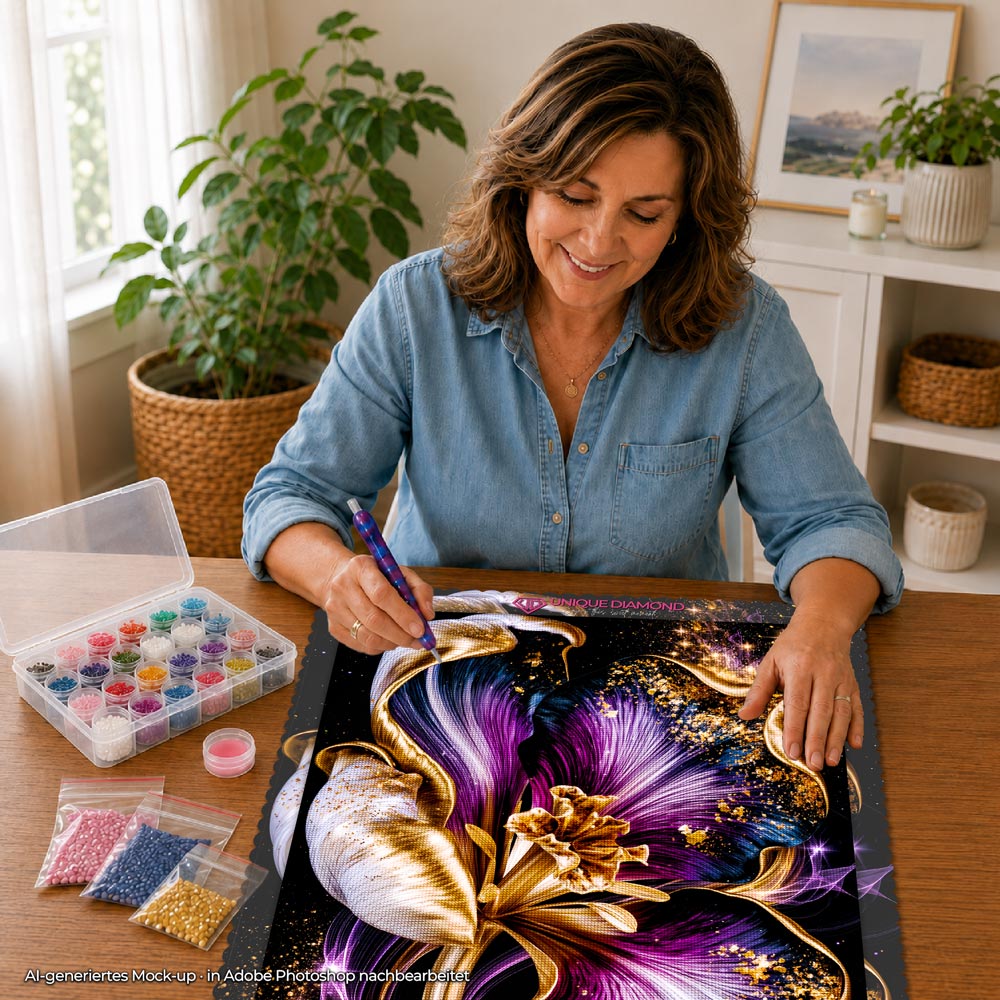 5D Diamond Painting – Mitternachtsblüte in Violett & Gold