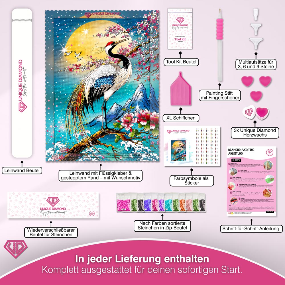 5D Diamond Painting – Mondkranich der Blütenberge