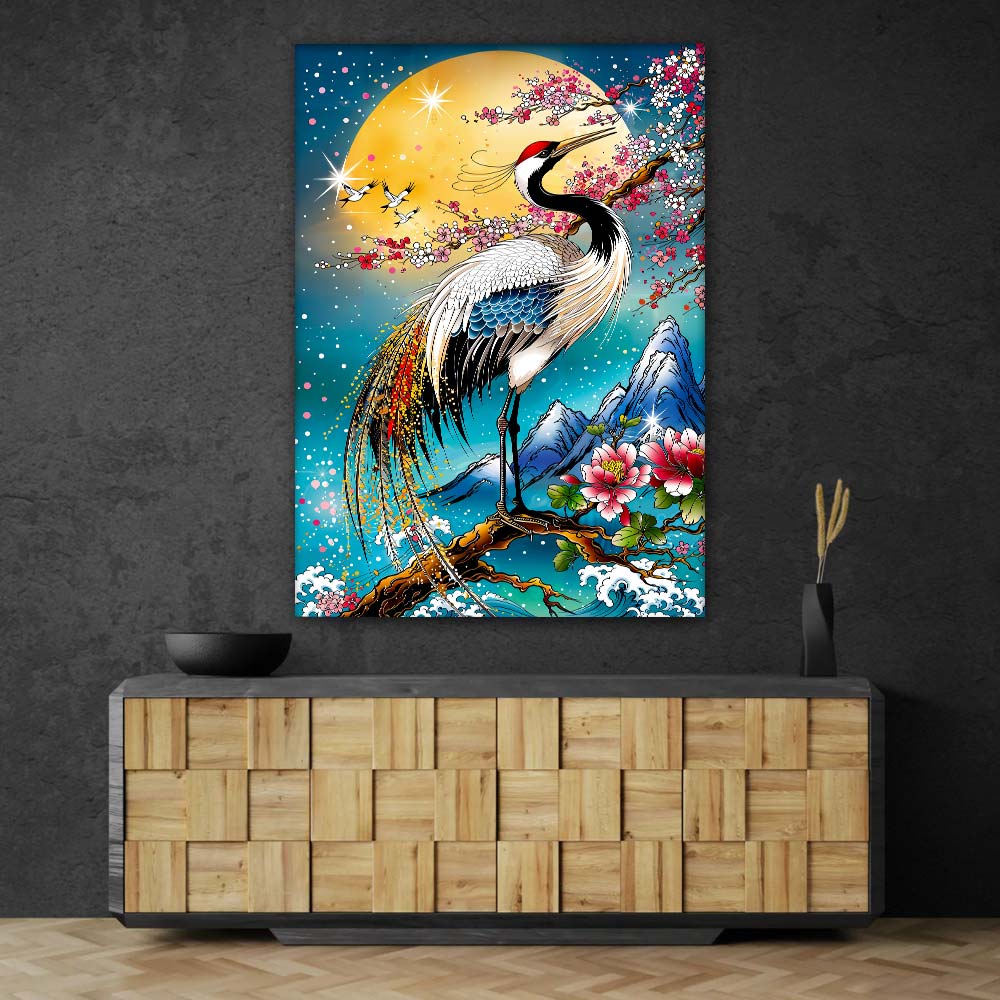 5D Diamond Painting – Mondkranich der Blütenberge