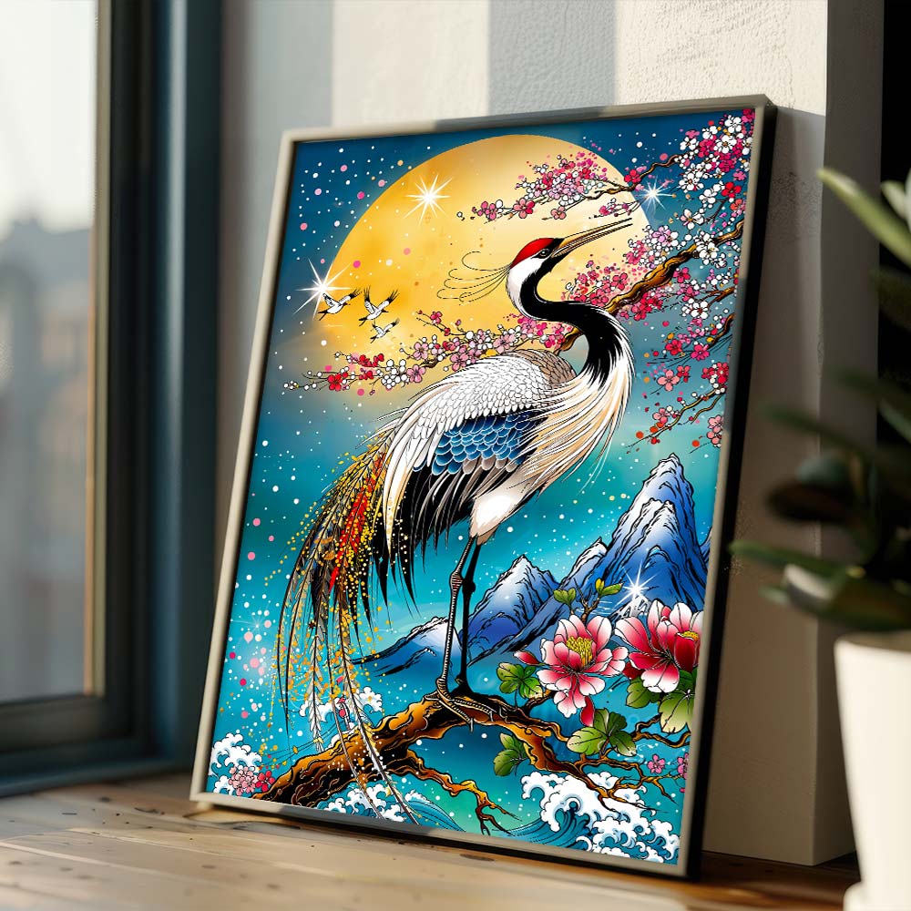 5D Diamond Painting – Mondkranich der Blütenberge
