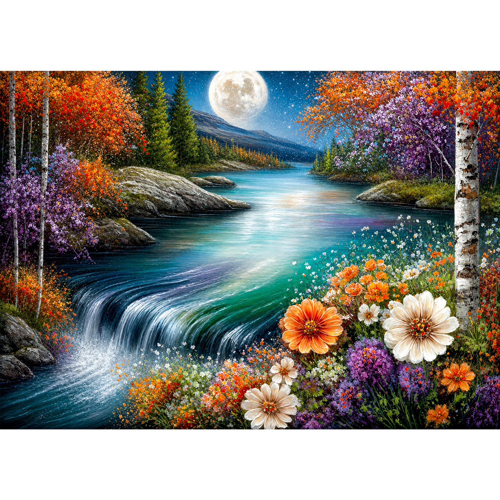 5D Diamond Painting – Mondlicht über Blütenkaskaden, Unique-Diamond