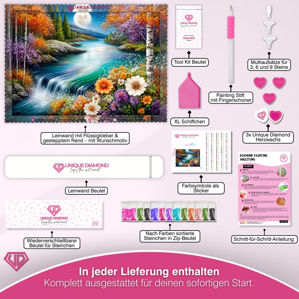 5D Diamond Painting – Mondlicht über Blütenkaskaden
