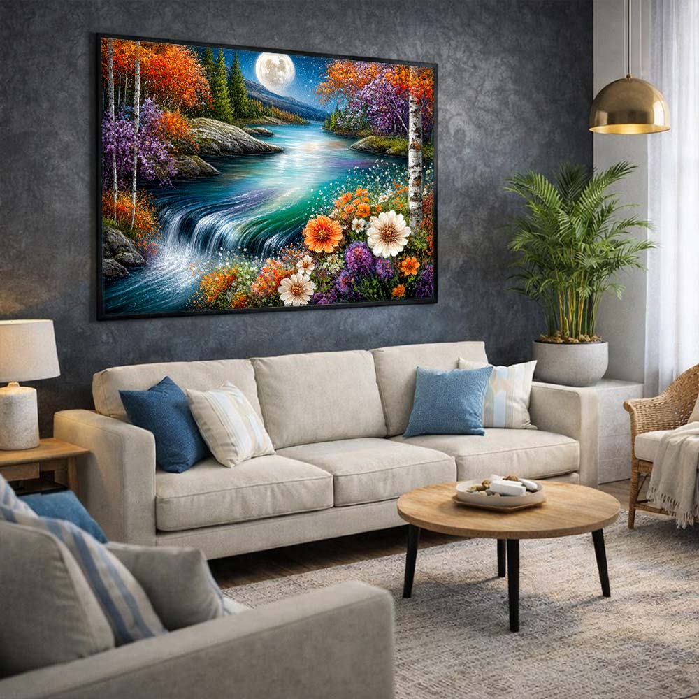 5D Diamond Painting – Mondlicht über Blütenkaskaden