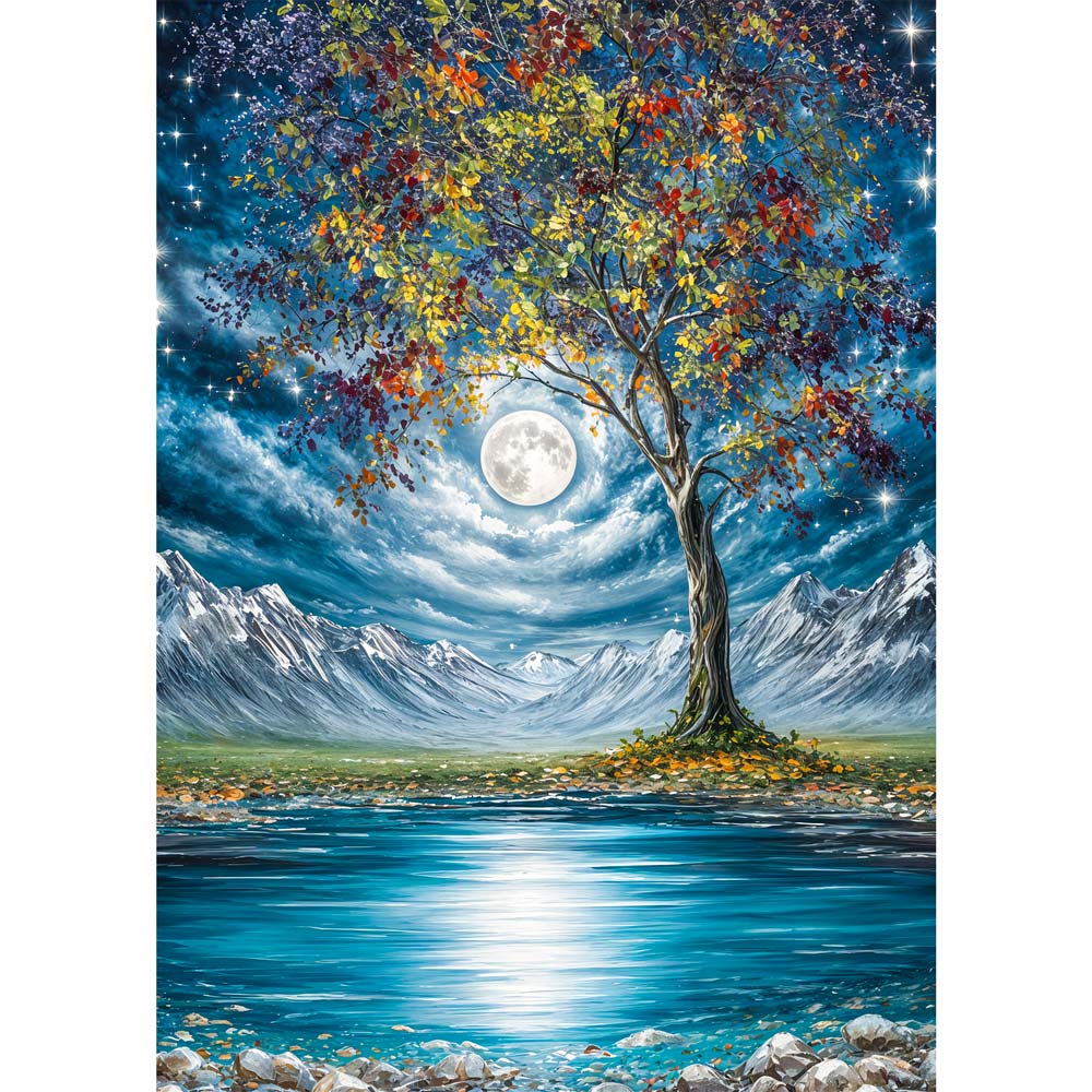 5D Diamond Painting – Mondlichtbaum am stillen Bergsee, Unique-Diamond