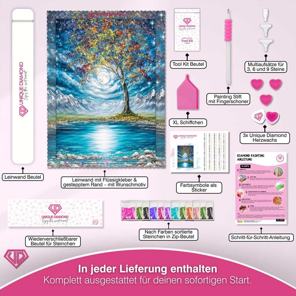 5D Diamond Painting – Mondlichtbaum am stillen Bergsee