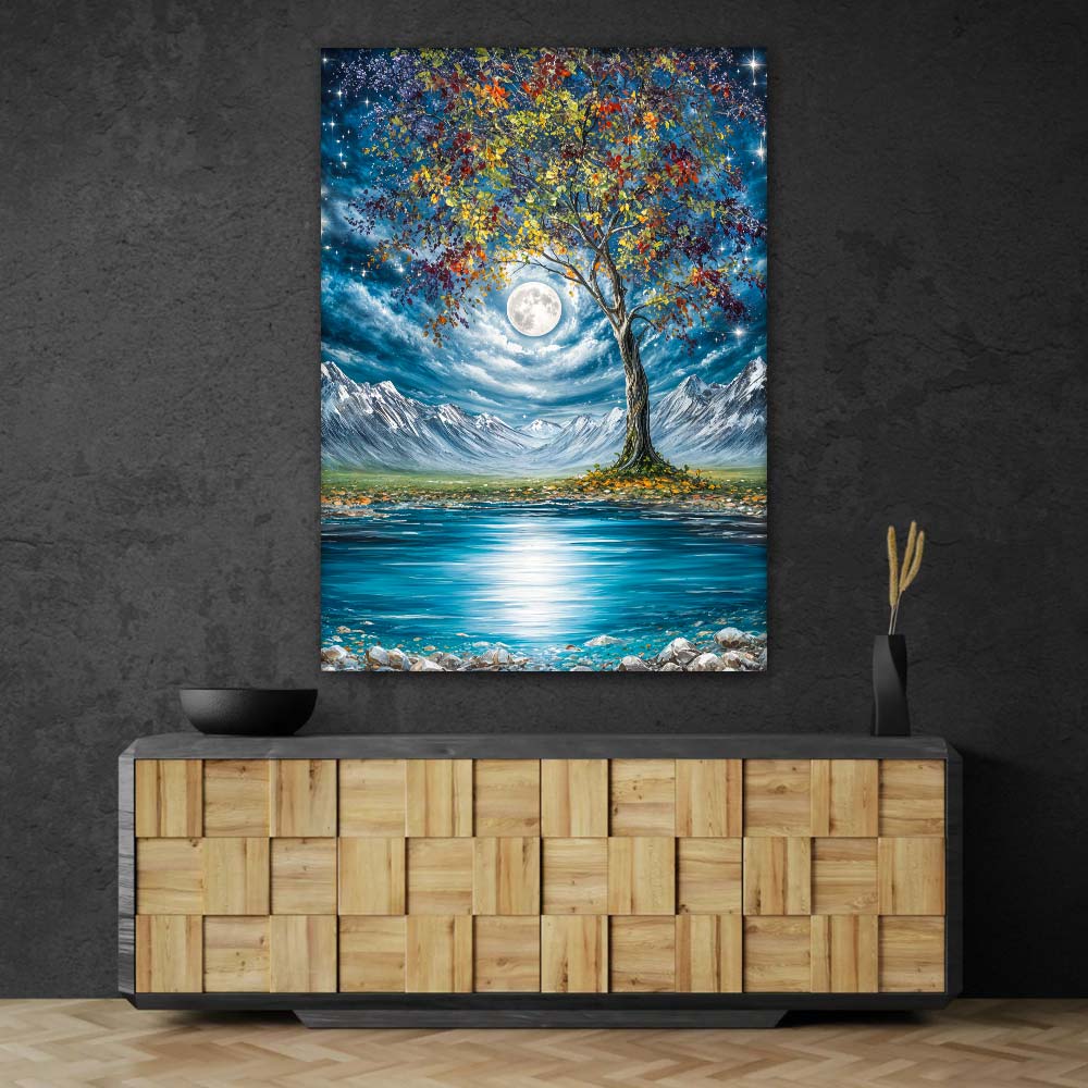 5D Diamond Painting – Mondlichtbaum am stillen Bergsee