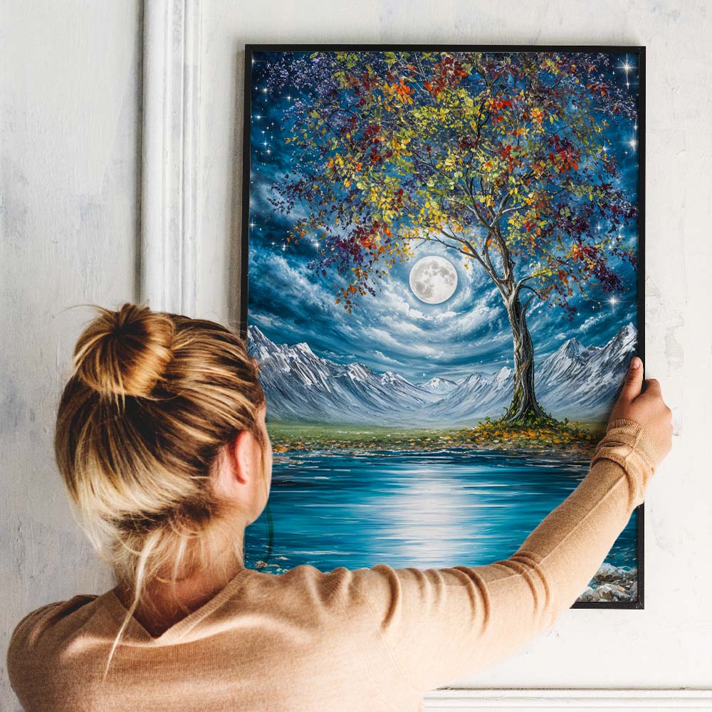 5D Diamond Painting – Mondlichtbaum am stillen Bergsee