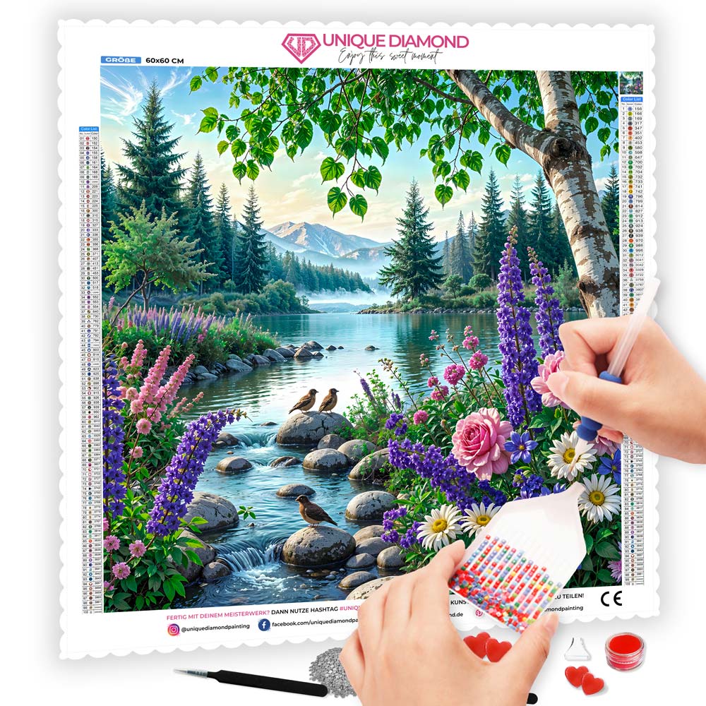 5D Diamond Painting – Morgen am Blütensee, Unique-Diamond