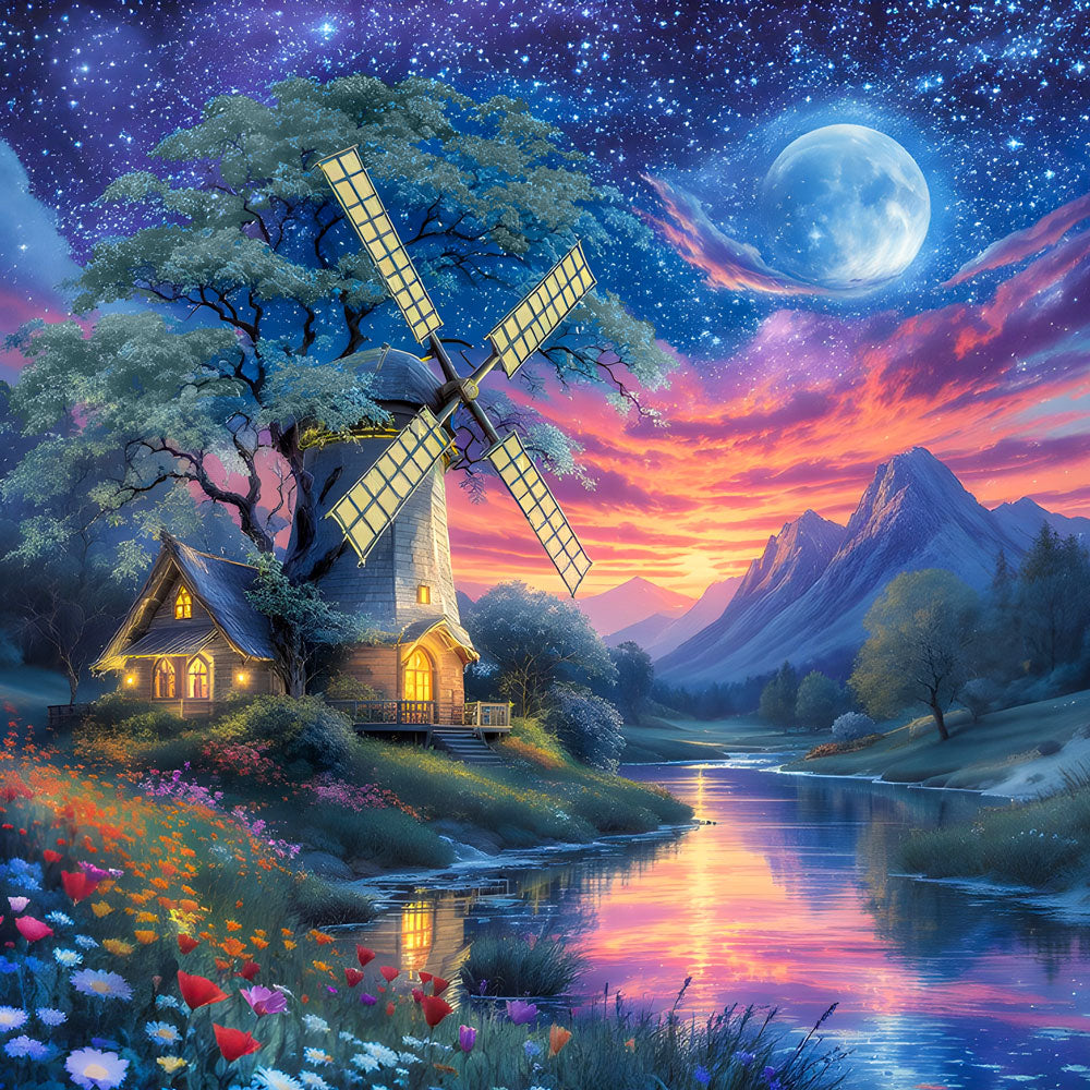 5D Diamond Painting – Mühlenzauber im Abendlicht Unique-Diamond