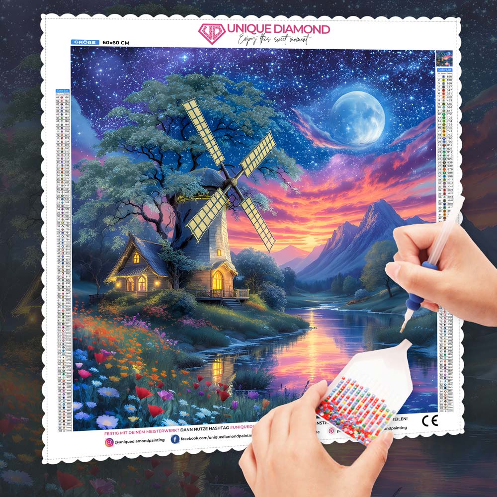 5D Diamond Painting – Mühlenzauber im Abendlicht Unique-Diamond