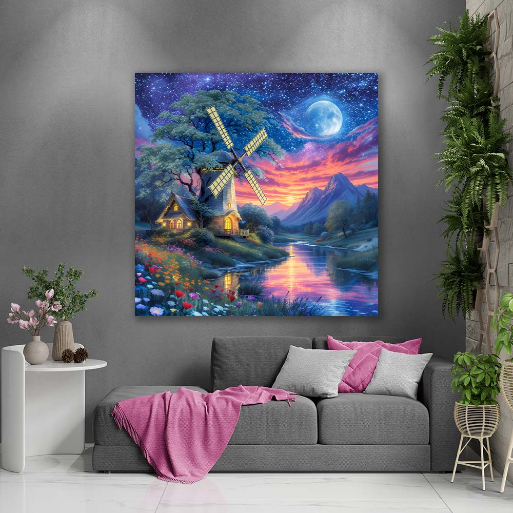 5D Diamond Painting – Mühlenzauber im Abendlicht Unique-Diamond