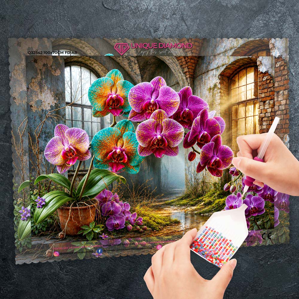 5D Diamond Painting – Orchideen im Echo der Ruinen
