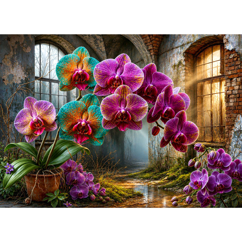 5D Diamond Painting – Orchideen im Echo der Ruinen | Unique Diamond