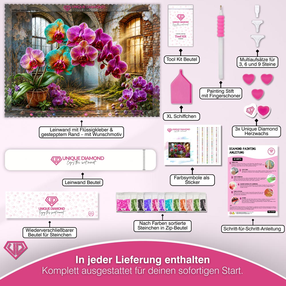 5D Diamond Painting – Orchideen im Echo der Ruinen