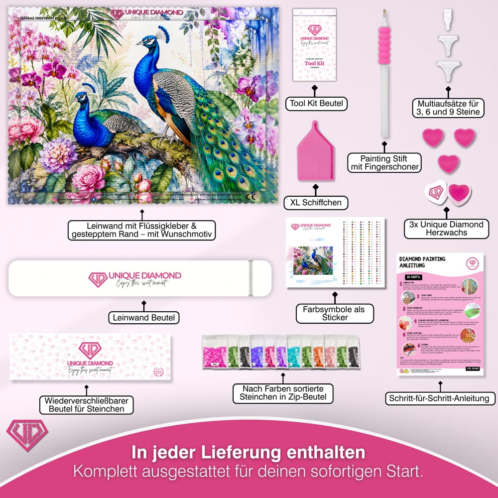 5D Diamond Painting – Pfauenpracht im Blütengarten