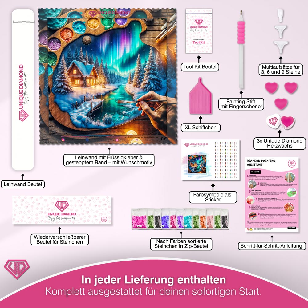 5D Diamond Painting – Polarlichtzauber im Künstlerherz Unique-Diamond