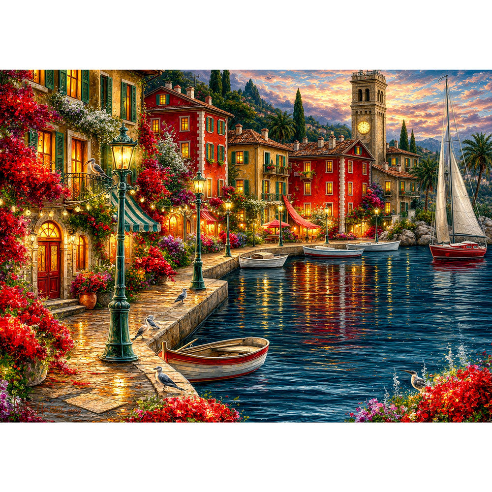 5D Diamond Painting – Romantischer Hafen im Abendlicht | Unique Diamond