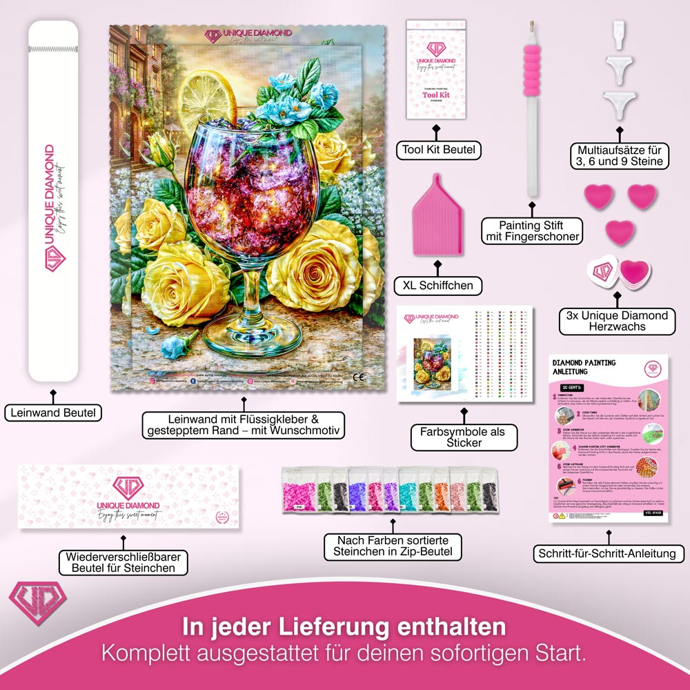 5D Diamond Painting – Rosencocktail bei Abendgold