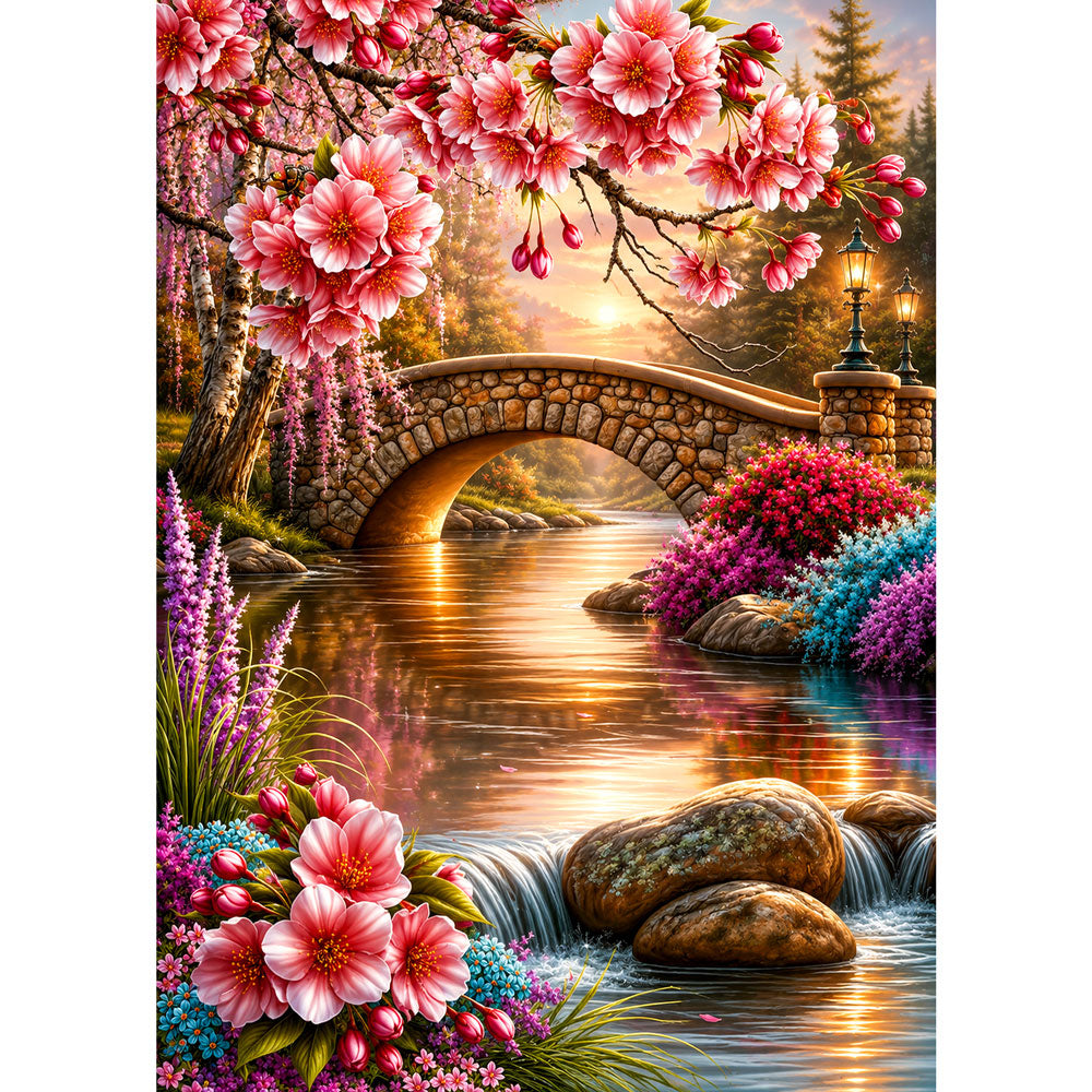 5D Diamond Painting – Sakura-Brücke am Blütenfluss | Unique Diamond