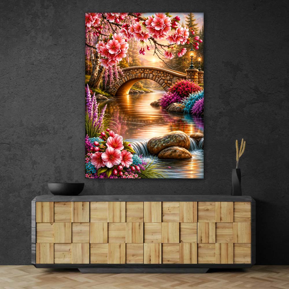 5D Diamond Painting – Sakura-Brücke am Blütenfluss