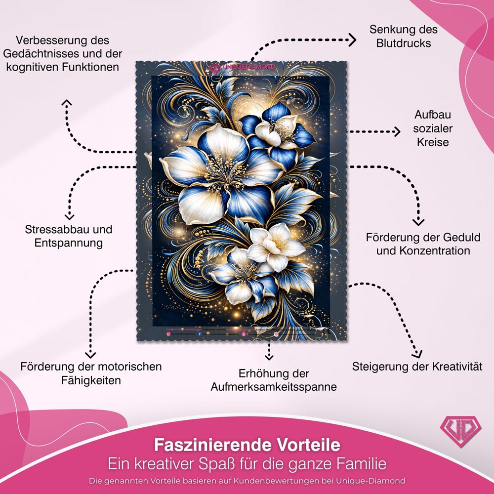 5D Diamond Painting – Saphirblüten im Goldenen Licht