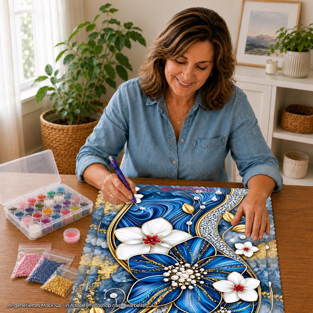 5D Diamond Painting – Saphirblüten im Goldglanz