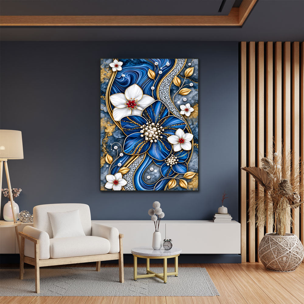 5D Diamond Painting – Saphirblüten im Goldglanz